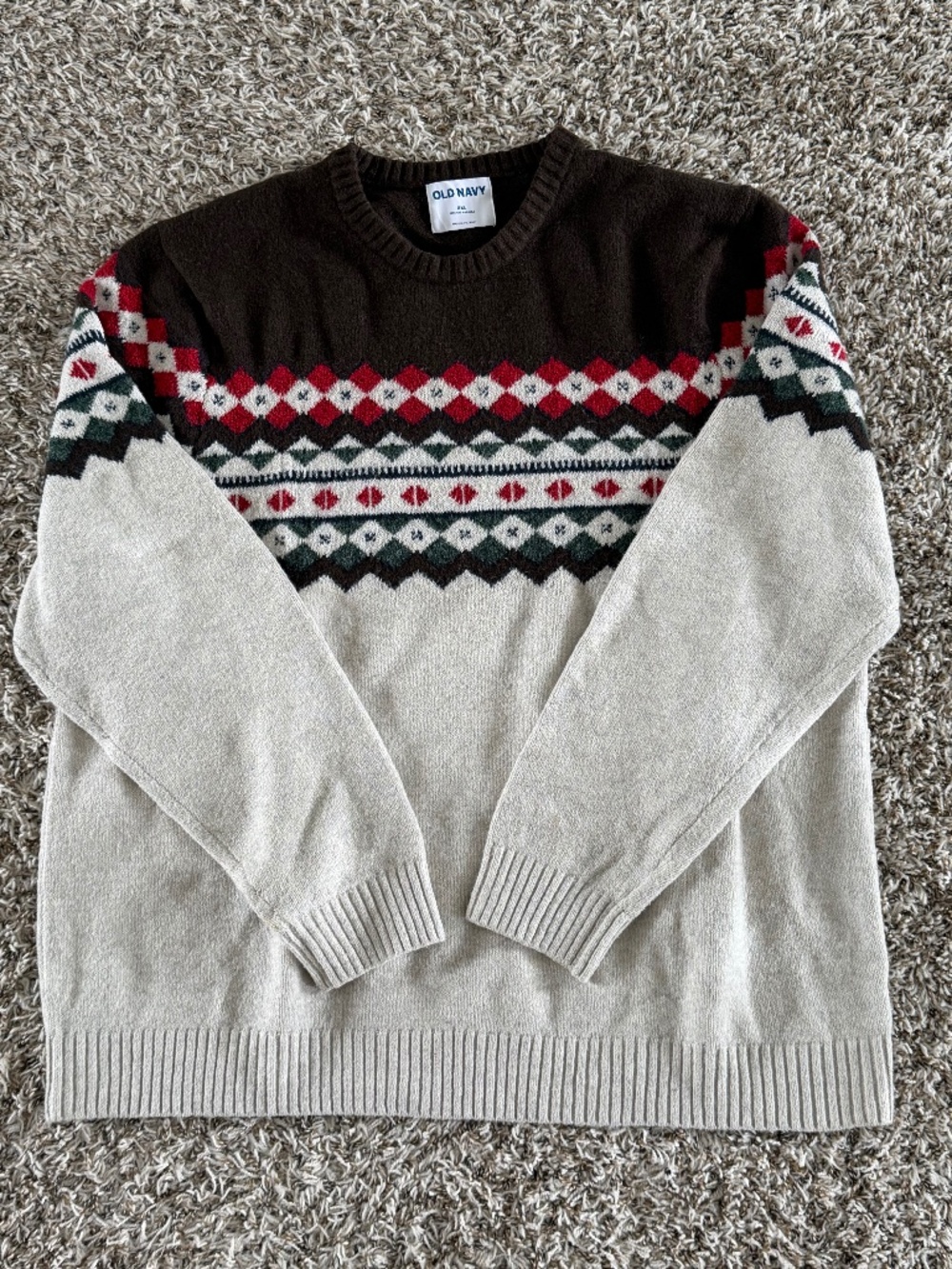 Old Navy Men’s XXL Fair Isle Christmas Sweater Brown Cream Red Green